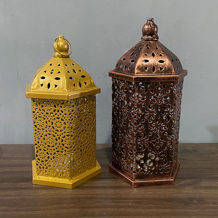 New retro iron hollow-out wind lamp, lantern, Moroccan decoration, atmosphere surrounding props, LED lantern
